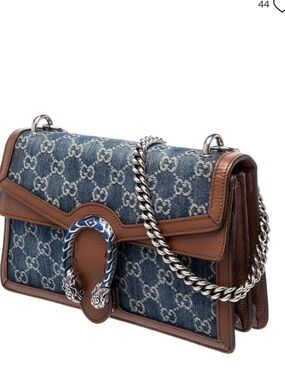 Gucci Blue GG Denim Shoulder Bag with Brown Leather Trim